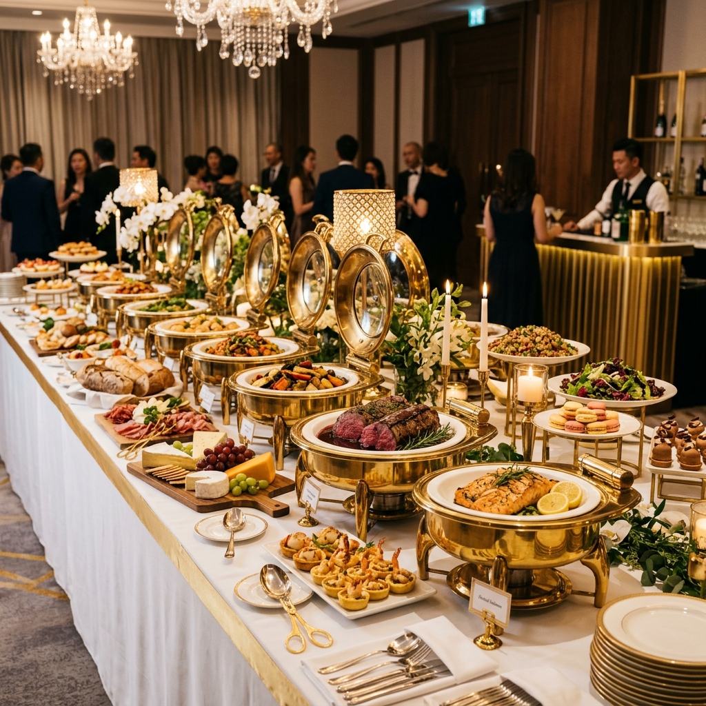 Corporate catering buffet spread with gold serving trays and gourmet dishes