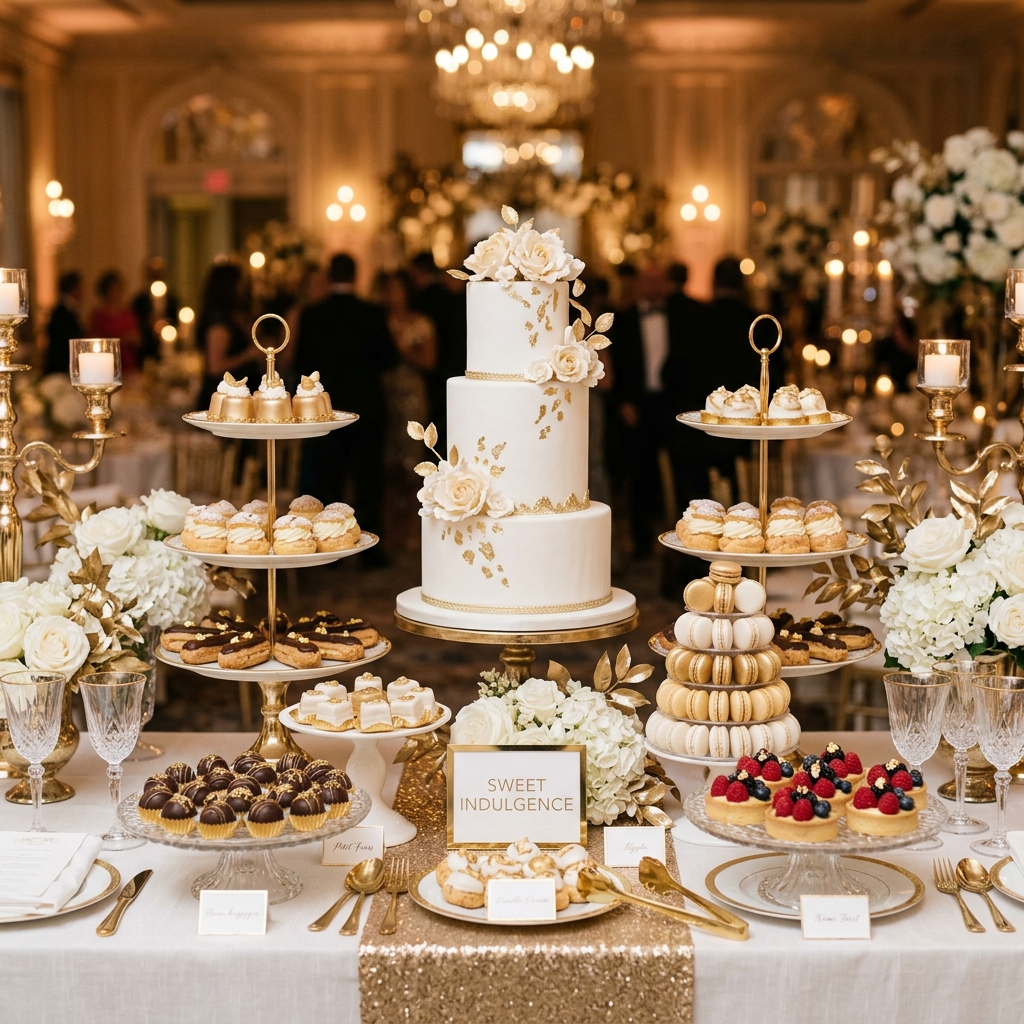 Sophisticated dessert table with tiered cakes pastries and chocolate truffles