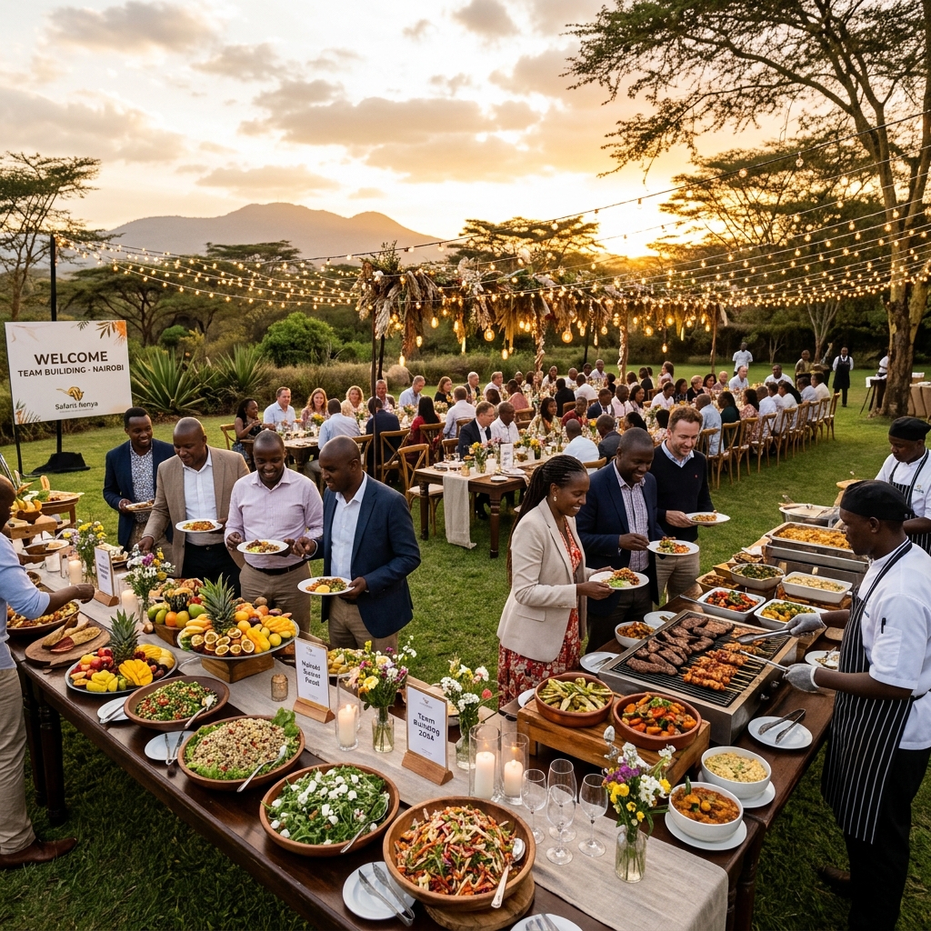 Outdoor corporate team building event catering with long banquet tables under string lights