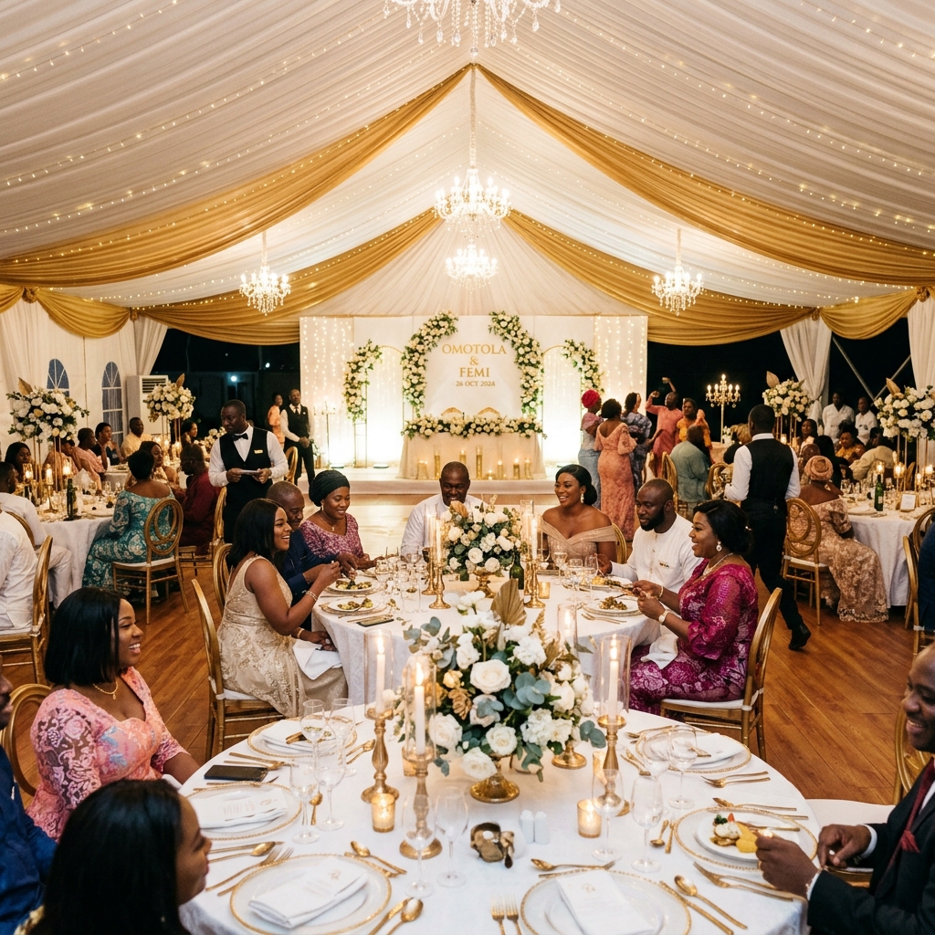 Elegant wedding reception catering with candlelit tables and gold accents